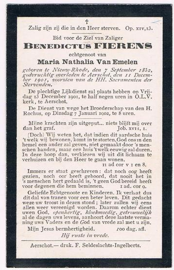 Bp. Fierens Benedictus. ° Nieuw-Rhode 1832 † Aerschot 1901 beschikbaar voor biedingen
