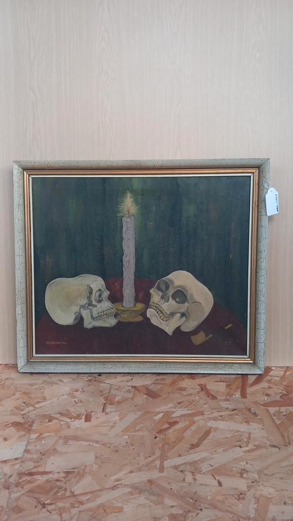 Oud schilderij – Stilleven met schedels & kaars, Antiek en Kunst, Kunst | Schilderijen | Klassiek, Ophalen