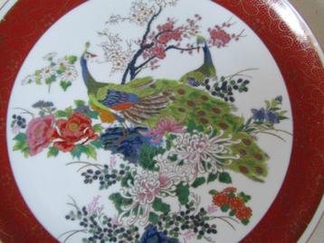 Subliem vintage Japans satsuma-bord, pauwen, bloemen