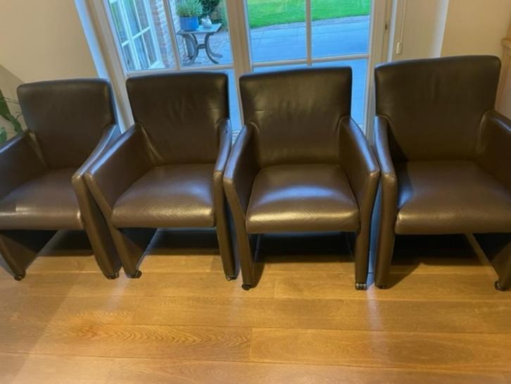 Set  4 lederen eetkamer stoelen, Huis en Inrichting, Stoelen, Gebruikt, Vier, Leer, Bruin, Ophalen