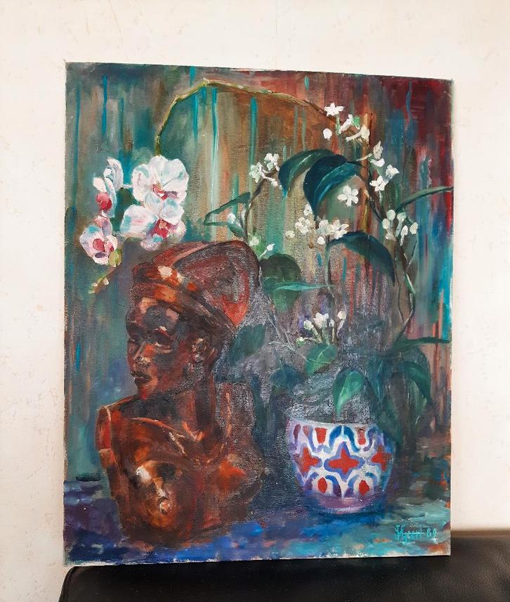 Schilderij Afrikaans? Stilleven met Orchidee-Vaas-Beeld, Antiek en Kunst, Kunst | Schilderijen | Klassiek, Ophalen