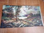 Schilderij grazende schapen in bos aan meer, Ophalen, Gebruikt, Schilderij, 75 tot 100 cm