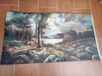 Schilderij grazende schapen in bos aan meer beschikbaar voor biedingen
