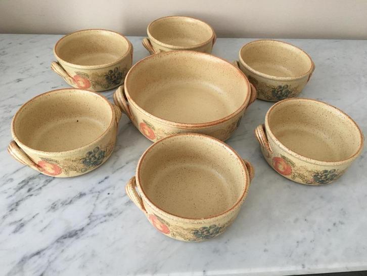 Plat et 6 ramequins céramique/gré, Huis en Inrichting, Keuken | Servies, Zo goed als nieuw, Compleet servies, Boerenbont, Keramiek