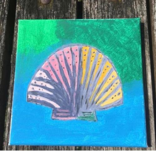 Schilderijtje Sint-Jacobsschelp op canvas 20 cm x 20 cm, Antiek en Kunst, Kunst | Schilderijen | Abstract, Ophalen of Verzenden