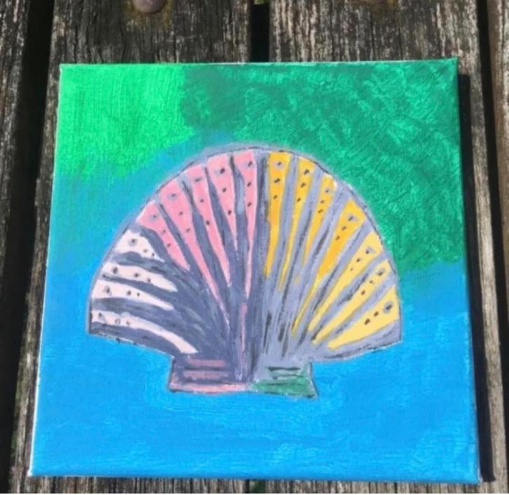 Schilderijtje Sint-Jacobsschelp op canvas 20 cm x 20 cm, Antiek en Kunst, Kunst | Schilderijen | Abstract, Ophalen of Verzenden