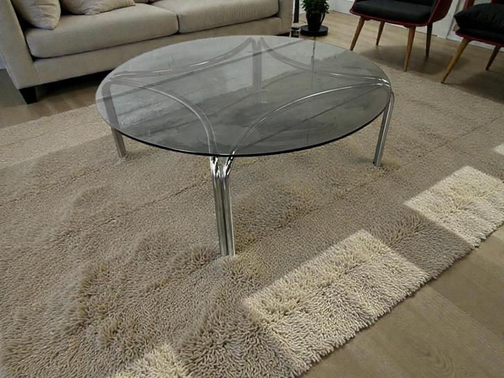 vintage ronde glazen salontafel met chromen frame, Antiek en Kunst, Curiosa en Brocante, Ophalen of Verzenden