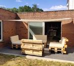 3 Palletbanken + pallettafel te koop incl. kussens, Jardin & Terrasse, Bancs de jardin, Enlèvement, Utilisé, Bois