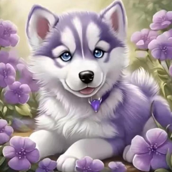 Diamond Painting puppy hondje lila 20x20cm (rond), Hobby en Vrije tijd, Knutselen, Nieuw, Knutselwerk, Ophalen of Verzenden