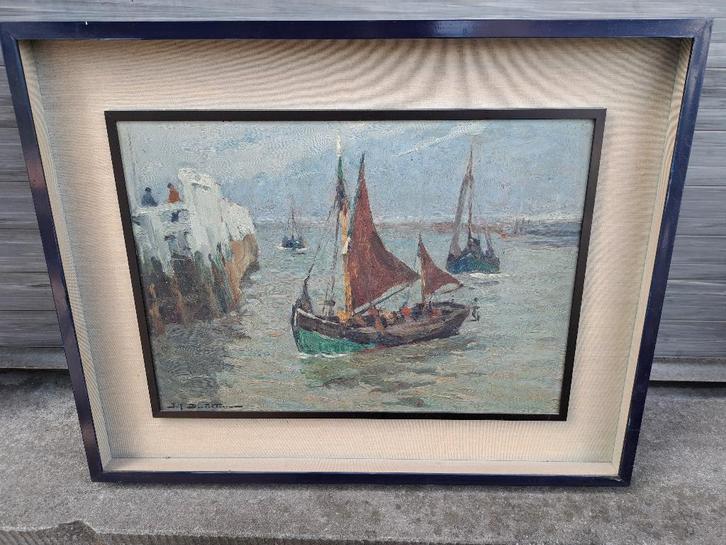huile sur panneau marine signe jef dutilleux, Antiek en Kunst, Kunst | Schilderijen | Klassiek, Ophalen of Verzenden