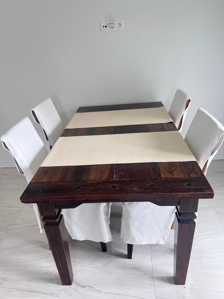 Colombiaanse tafel met 6 rieten / houten stoelen ., Ophalen, Gebruikt, Colombiaans .