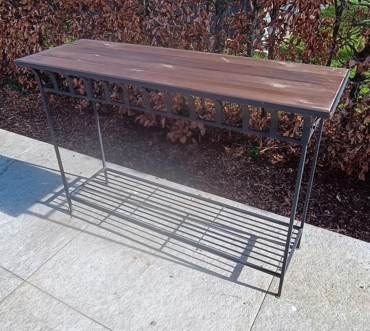 Smeedijzeren sidetable met houten blad (voor binnen/buiten), Antiek en Kunst, Curiosa en Brocante, Ophalen