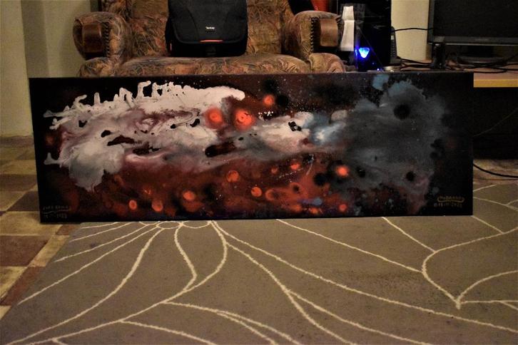 Orange flowers abstract painting, by joky kamo, Antiquités & Art, Art | Peinture | Moderne, Enlèvement