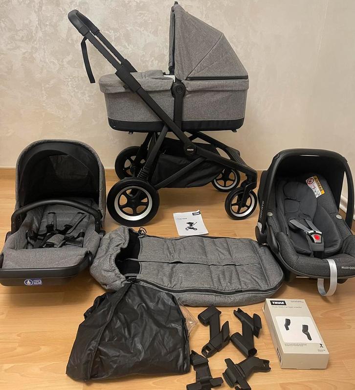 Thule Sleek Black/Gray Melange 4 en 1 complete, Enfants & Bébés, Poussettes & Combinaisons, Comme neuf, Poussette, Voiture duo