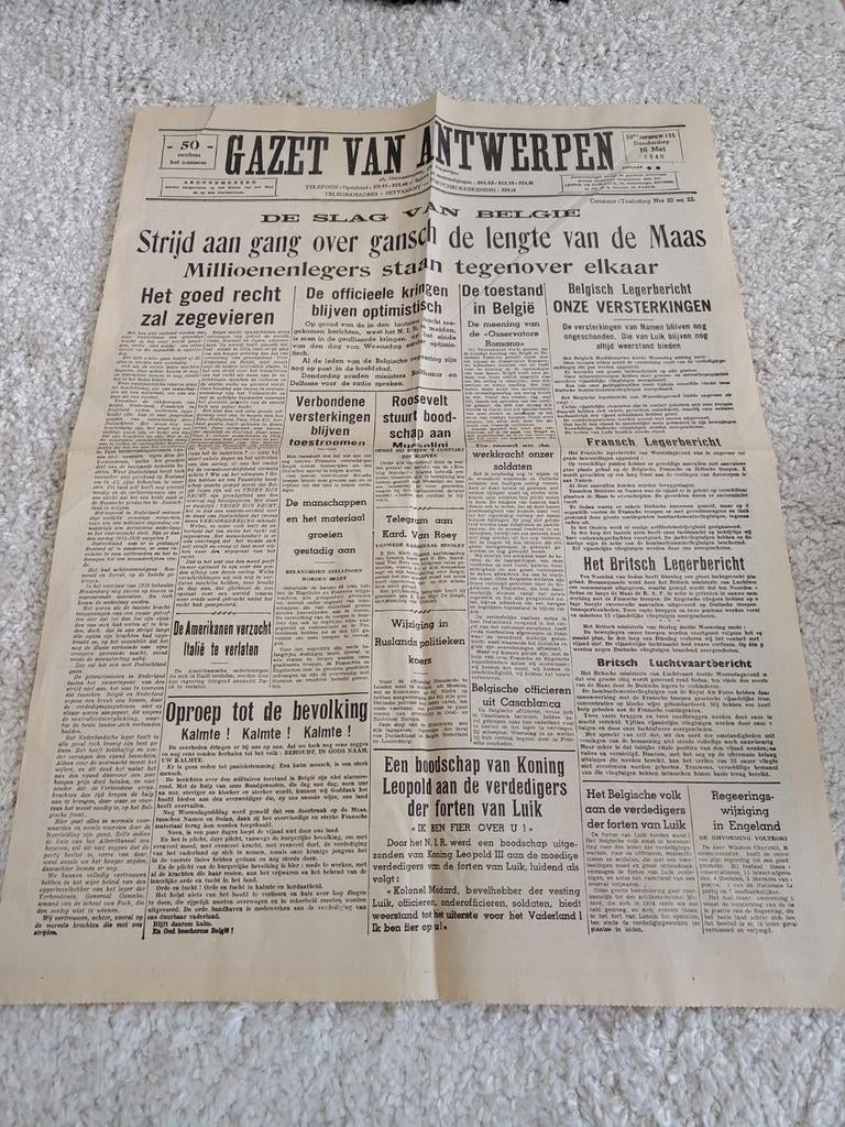 Voorpagina WO2 Gazet Van Antwerpen 16 mei 1940, Collections, Enlèvement ou Envoi