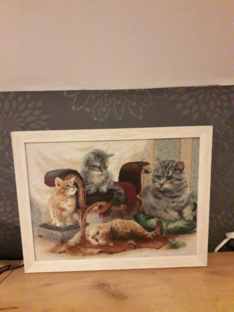 Borduurwerk van poezen met kader, Ophalen, Nieuw, Handborduren