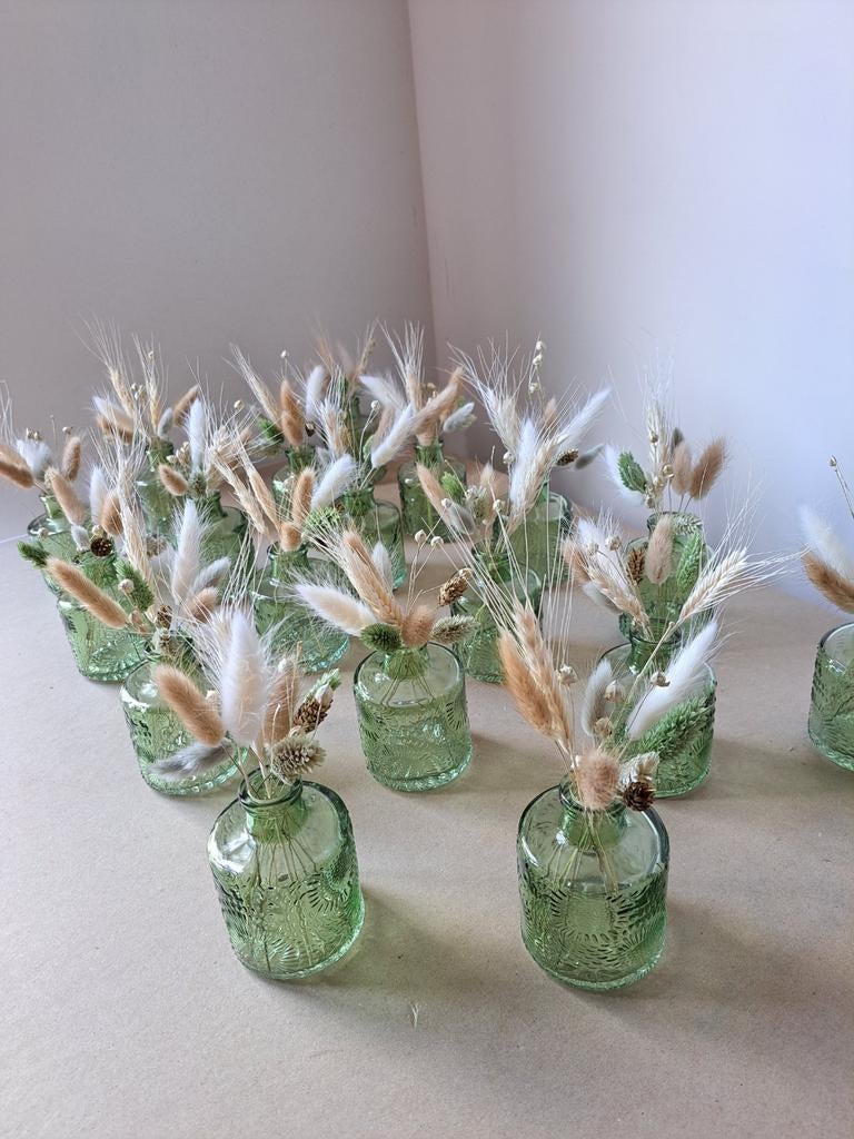 10 groene vaasjes met droogbloemen, Ophalen, Zo goed als nieuw