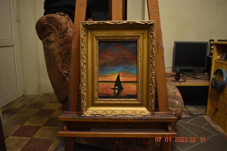 Zonsondergang op een kleine boot, door joky kamo, Antiek en Kunst, Kunst | Schilderijen | Klassiek, Ophalen