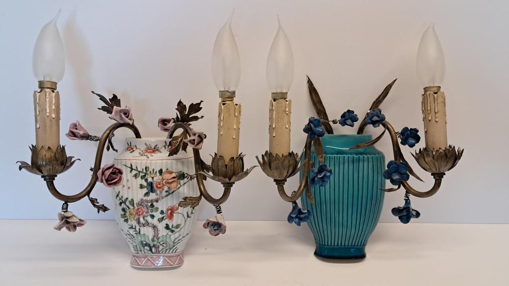 Lot de 2 anciennes appliques murales vintage florales, Antiquités & Art, Enlèvement