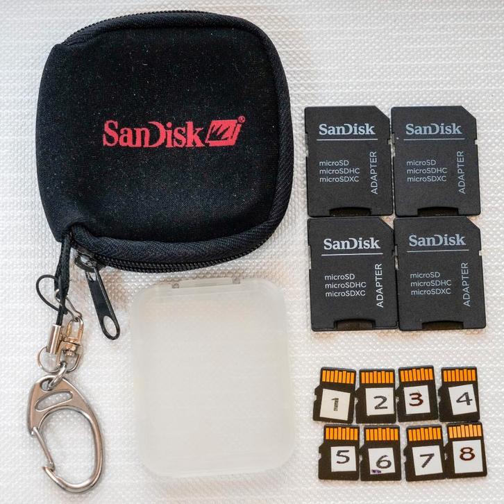 8 stuks micro SD HC SANDISK 8GB met 4 adapters en in hoesje, Audio, Tv en Foto, Foto | Geheugenkaarten, Gebruikt, MicroSDHC, 8 GB