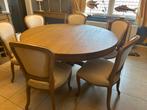 Ronde eiken eettafel met 6 stoelen diameter 150cm, Huis en Inrichting, Ophalen, Zo goed als nieuw, Landelijke stijl, 4 tot 6 stoelen