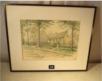 Prachtige Geschilderd Aquarel 'Huisje en Velden' - Verreydt beschikbaar voor biedingen