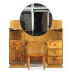 Art Deco kaptafel set in walnoot met grote ronde spiegel '20, 100 tot 150 cm, Ophalen of Verzenden, Art Deco, 150 tot 200 cm