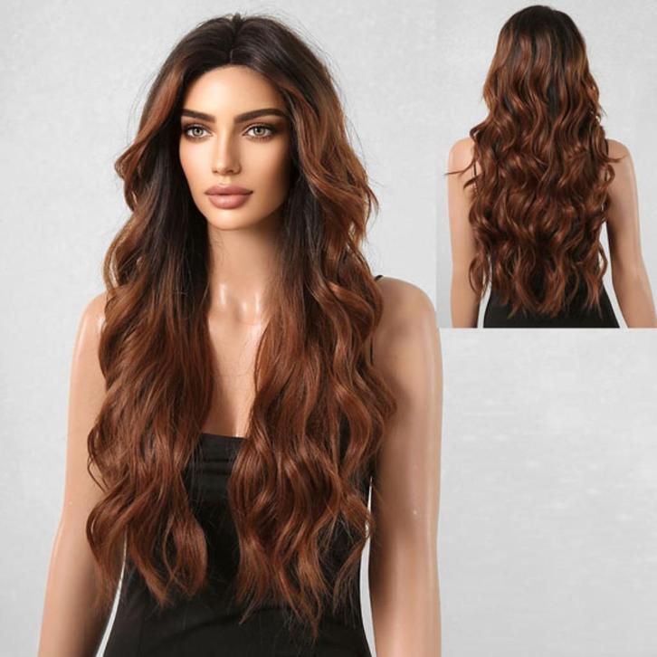 Luxe pruik lang krullend haar in bruinmix zonder pony model, Handtassen en Accessoires, Uiterlijk | Haarverzorging, Nieuw, Verzenden