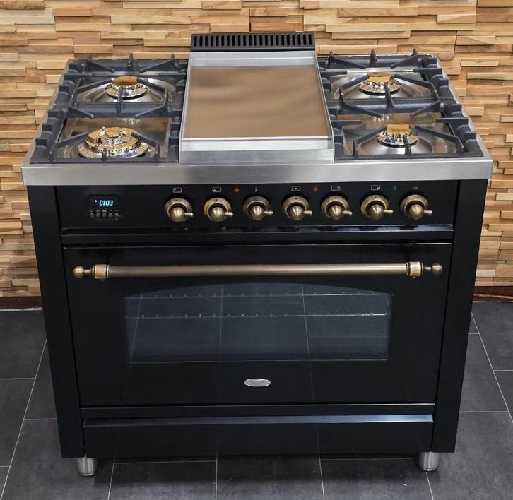 🔥Luxe Fornuis Boretti 90cm hoogglans zwart + oud koper, Elektronische apparatuur, Fornuizen, Zo goed als nieuw, Vrijstaand, Gas