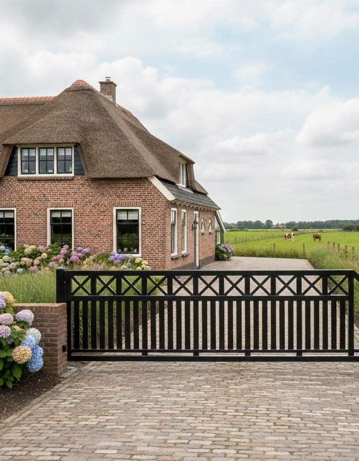 Nieuw model schuifpoort ´Woodlook´ 400x150cm zwart compleet!, Tuin en Terras, Tuinhekken en Hekwerk, Nieuw, Spijlenhekwerk, IJzer