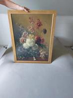 Een grote poster met zwaar houten kader en glas met bloemen, Antiek en Kunst, Ophalen