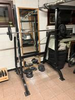 Squat rack + bar + bankje + 150kg +/- aan platen, Ophalen, Gebruikt