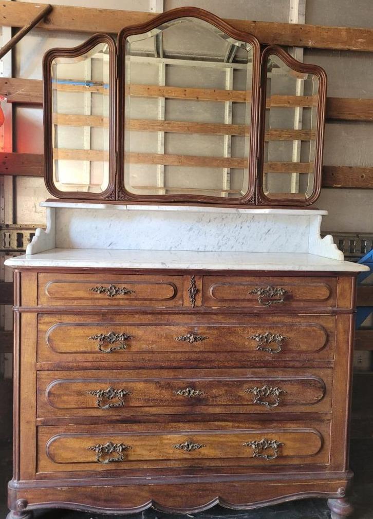 Commode ancienne avec miroir et marbre blanc – vintage, Huis en Inrichting, Kasten | Ladekasten, Gebruikt, Ophalen