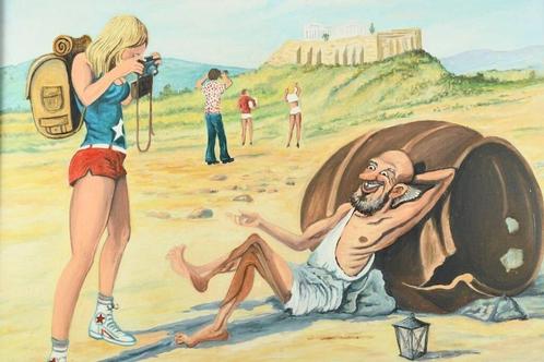 vintage werk Diogenes filosofie cynismus karikatuur, Antiquités & Art, Art | Peinture | Moderne, Enlèvement ou Envoi