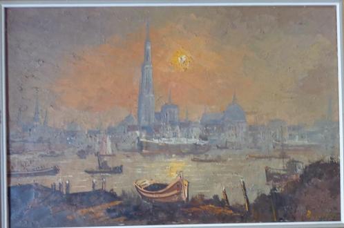 JAN BEAUFORT / STAD AAN DE RIVIER / OLIEVERF DOEK / 82x112cm, Antiek en Kunst, Kunst | Schilderijen | Klassiek, Ophalen