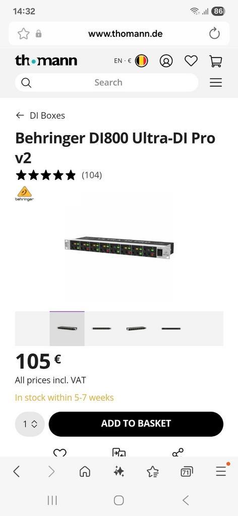 Behringer DI800 Ultra-DI Pro, Computers en Software, Netwerk switches, Nieuw, Ophalen