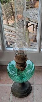 Oude groene.petroleumlamp met messing brander, Ophalen of Verzenden