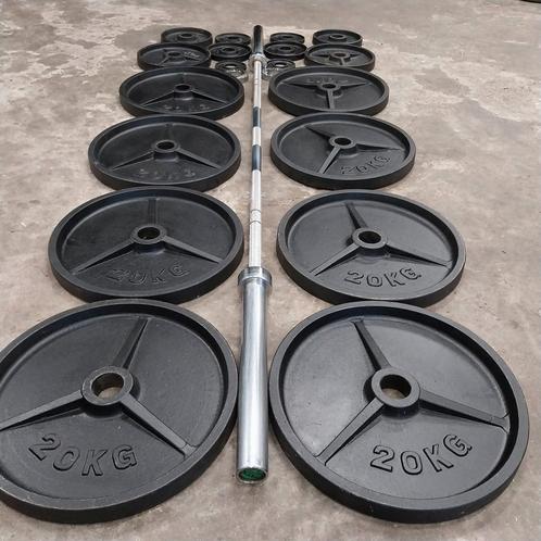 200 kilo Olympische Gewichten set + ATX Power Barbell 220cm, Sport en Fitness, Fitnessmaterialen, Zo goed als nieuw, Ophalen