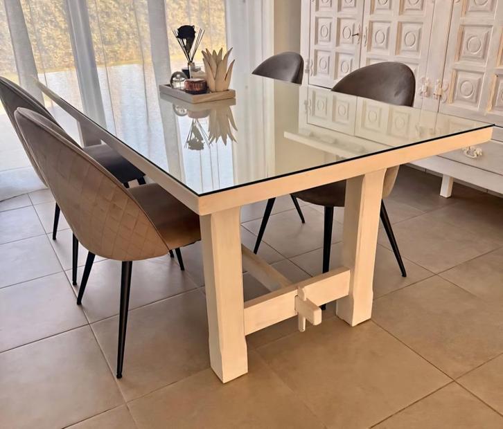 Table en chêne massif cérusé blanc avec plateau en verre, Huis en Inrichting, Tafels | Eettafels, Zo goed als nieuw, 50 tot 100 cm