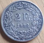 ZWITSERLAND /Suisse :2 FRANCS 1922 KM 21 XF ZILVER SCARCE DA, Postzegels en Munten, Zilver, Ophalen of Verzenden, Losse munt, Overige landen
