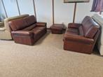 bruine buffellederen salon met poef 2 en 2 zit, Ophalen, Gebruikt, Leer