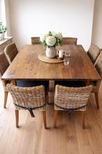 Tafel teak met glazen blad + 6 stoelen met kussens, Huis en Inrichting, Ophalen, Zo goed als nieuw