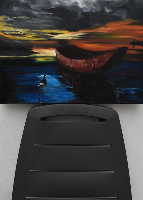 Sunset kayak and bird,painting by joky kamo, Antiquités & Art, Art | Peinture | Moderne, Enlèvement