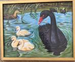 Zwarte zwaan met kuikens geschilderd op zijde, Antiquités & Art, Art | Peinture | Moderne, Enlèvement
