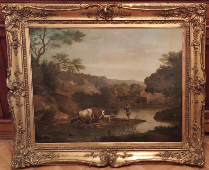 Schilderij „Shepherd and his flock” Frankrijk 19e eeuw., Antiek en Kunst, Kunst | Schilderijen | Klassiek, Ophalen