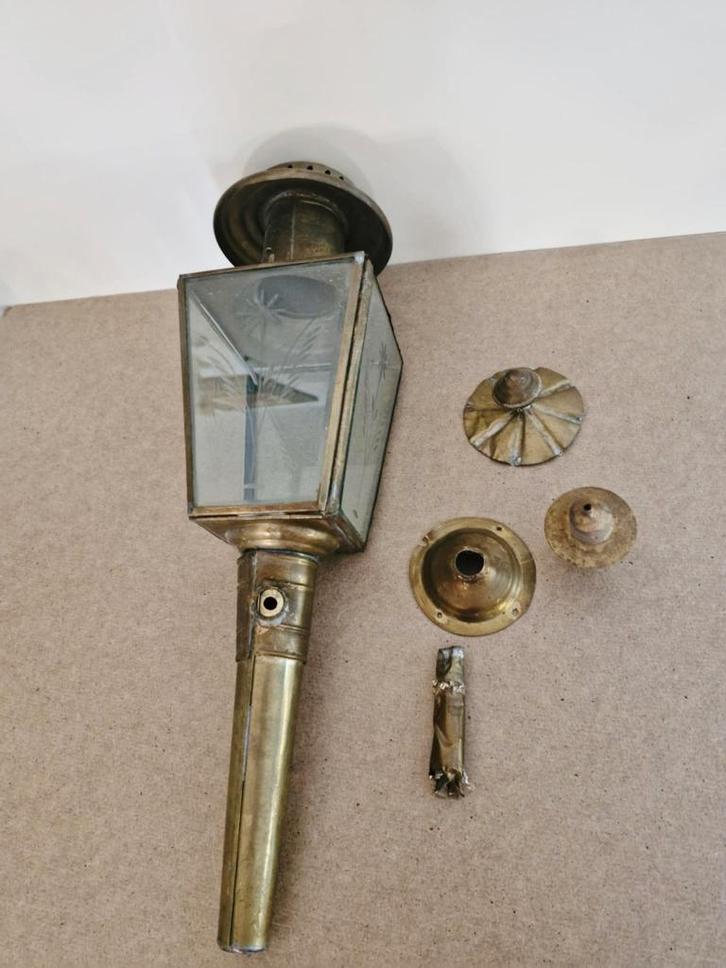 Oude koetslamp,gegraveerd glas, messing, Antiek en Kunst, Antiek | Brons en Koper, Koper, Ophalen of Verzenden