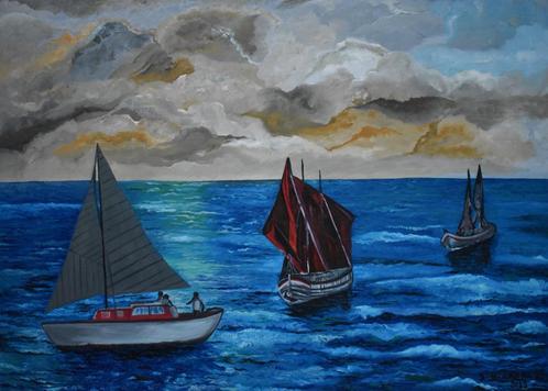 Schilderij zeegezicht 3 zeilboot, door joky kamo, Antiek en Kunst, Kunst | Schilderijen | Klassiek, Ophalen