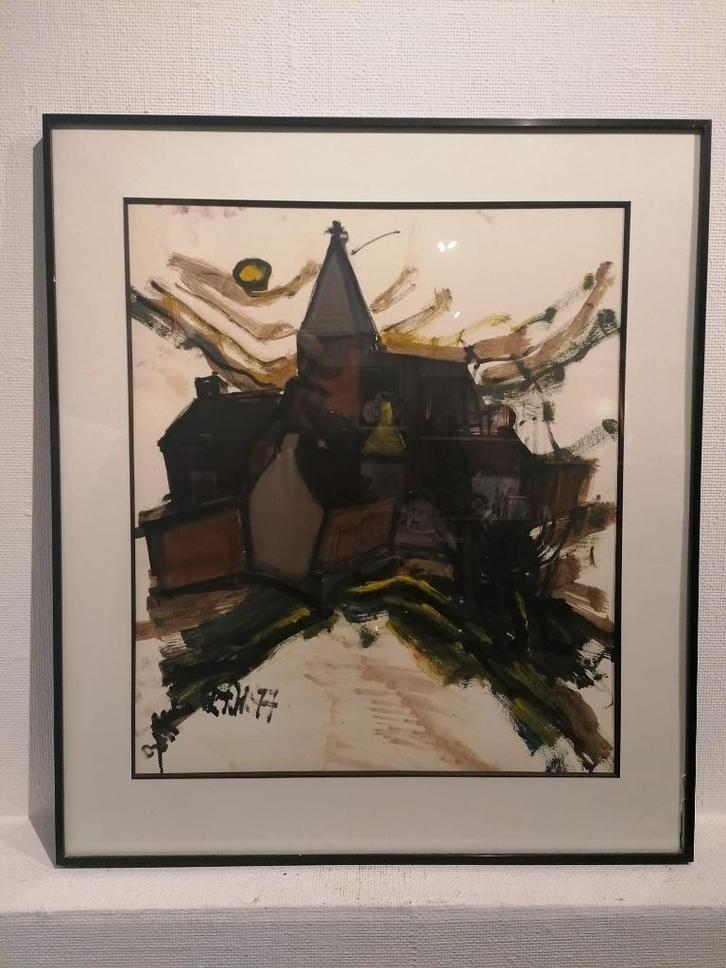 Gemengde technieken op papier – gesigneerd, Antiek en Kunst, Kunst | Schilderijen | Klassiek, Ophalen of Verzenden