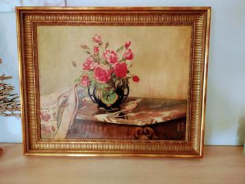 Mooi schilderij rozen in pot met mooi vergulde kader., Enlèvement