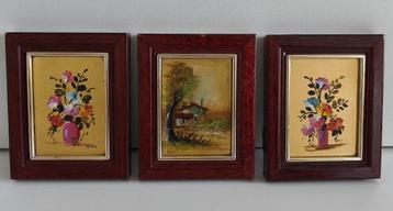 set van 3 schilderijtjes: handgeschilderd op bladgoud beschikbaar voor biedingen